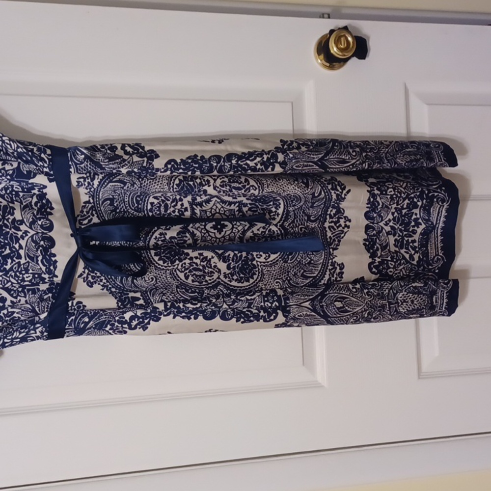 E C I sz 14 Silk, Asian Flare, Navy and Cream Midi Dress. Luxury, Wedding Guest. - Picture 9 of 11